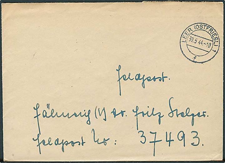 Ufrankeret feltpostbrev fra Leer d. 30.5.1944 til soldat ved feldpost nr. 37493 = Hafenkommandant Aarhus.