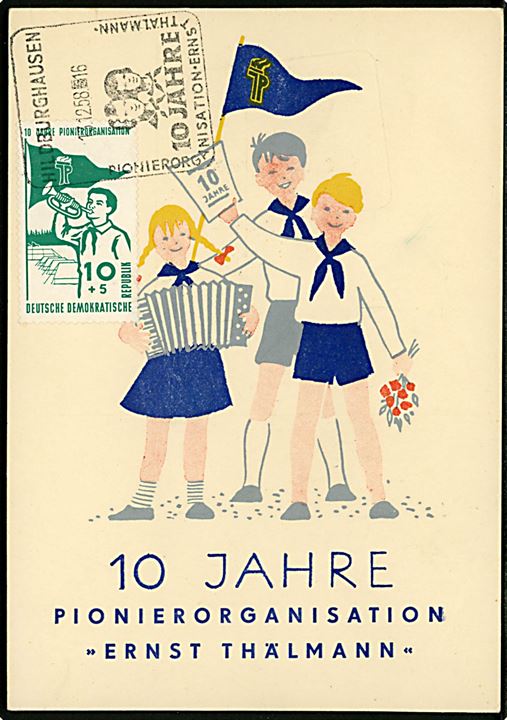 DDR, Pionierorganisation Ernst Thälmann 10 år. Maxikort med 10+5 pfg. udg. stemplet i Hildburghausen d. 13.12.1958.