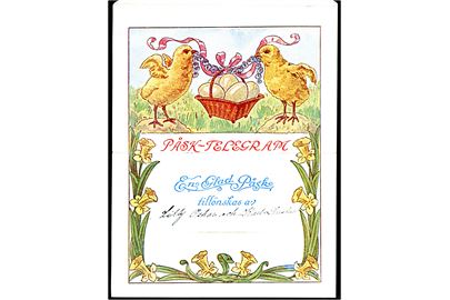 Påsk-Telegram med kyllinger og æg. Tryksagskort anvendt 1926