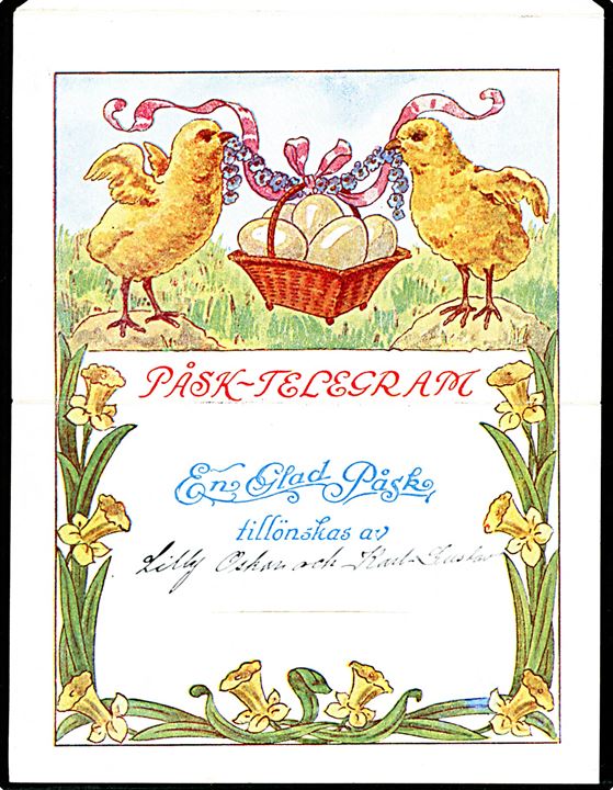 Påsk-Telegram med kyllinger og æg. Tryksagskort anvendt 1926