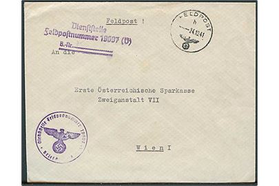 Feltpostbrev stemplet Feldpost h d. 24.10.1941 til Wien, Tyskland. Briefstempel Dienststelle Feldpostnummer 19697 (V) = Kommandant im Abschnitt Nordjütland i Frederikshavn.