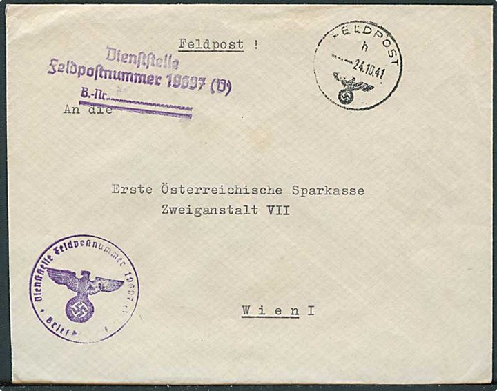 Feltpostbrev stemplet Feldpost h d. 24.10.1941 til Wien, Tyskland. Briefstempel Dienststelle Feldpostnummer 19697 (V) = Kommandant im Abschnitt Nordjütland i Frederikshavn.