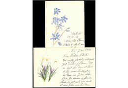 Håndtegnede blomster på hhv. 10 øre og 15 øre Chr. X helsagsbrevkort anvendt i Roskilde 1921 og Frederiksværk 1919.