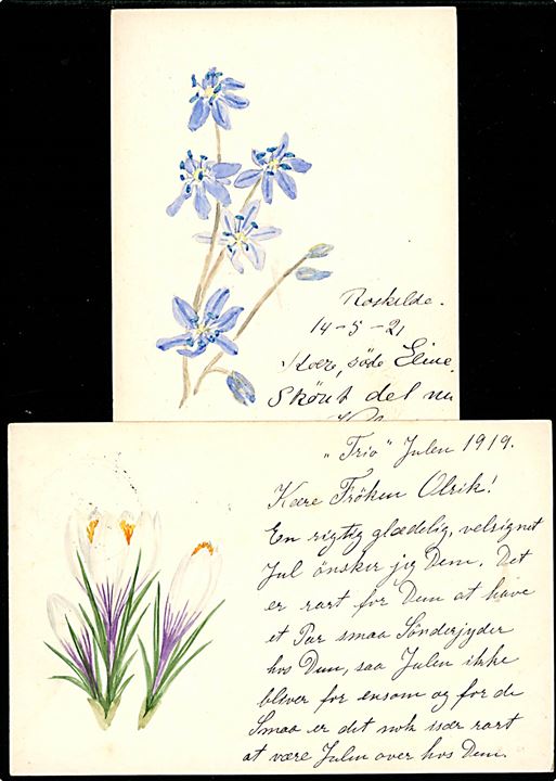 Håndtegnede blomster på hhv. 10 øre og 15 øre Chr. X helsagsbrevkort anvendt i Roskilde 1921 og Frederiksværk 1919.