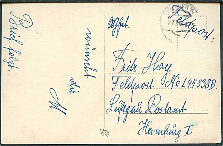 Ufrankeret feltpostkort fra Wien d. 27.12.1942 til soldat ved Feldpost nr. L45338B, Luftgaupostamt Hamburg I = Blindflugschule 4 i Kastrup, Danmark.