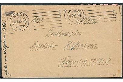 Ufrankeret feltpostbrev fra Wien d. 19.8.1943 til Zahlmeister ved feldpost-Nr. 28214D = Heeres-Verpflegungs-Dienststelle 620 i Aalborg, Danmark.
