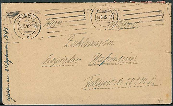 Ufrankeret feltpostbrev fra Wien d. 19.8.1943 til Zahlmeister ved feldpost-Nr. 28214D = Heeres-Verpflegungs-Dienststelle 620 i Aalborg, Danmark.