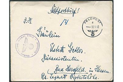 Ufrankeret feltpostbrev med indhold stemplet Feldpost d d. 31.1.1942 til Bad Hersfeld, Tyskland. Briefstempel: Einheit Feldpostnummer 37653 = Reserve-Kriegslazarett Kopenhagen.