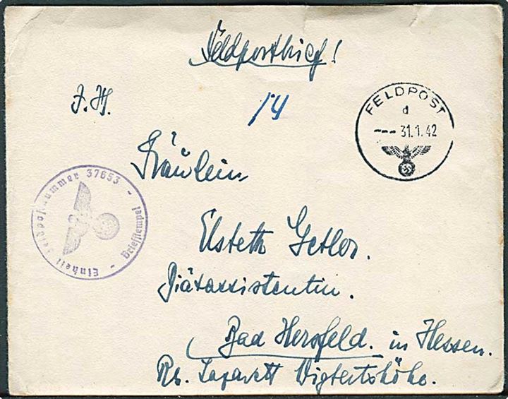 Ufrankeret feltpostbrev med indhold stemplet Feldpost d d. 31.1.1942 til Bad Hersfeld, Tyskland. Briefstempel: Einheit Feldpostnummer 37653 = Reserve-Kriegslazarett Kopenhagen.