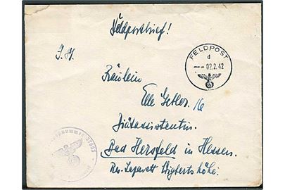 Ufrankeret feltpostbrev med indhold stemplet Feldpost d d. 2.2.1942 til Bad Hersfeld, Tyskland. Briefstempel: Einheit Feldpostnummer 37653 = Reserve-Kriegslazarett Kopenhagen.