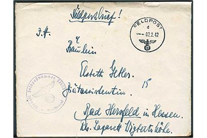 Ufrankeret feltpostbrev med indhold stemplet Feldpost d d. 2.2.1942 til Bad Hersfeld, Tyskland. Briefstempel: Einheit Feldpostnummer 37653 = Reserve-Kriegslazarett Kopenhagen.