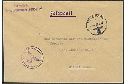 Ufrankeret feltpostbrev stemplet Feldpost d d. 30.4.1942 til Marinestation der Nordsee i Wilhelmshaven, Tyskland. Briefstempel Feldpost-nr. 38050Z = Marine Artillerie Zeugamt, Kopenhagen. 