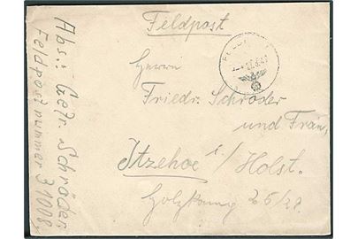 Ufrankeret feltpostbrev (dansk fremstillet kuvert fra Aalborg) med indhold dateret Dänemark stemplet Feldpost d. 27.6.1941 til Itzehoe, Tyskland. Fra soldat ved feldpost-Nr. 31008 =  1. Kompanie Pionier-Bataillon 269.