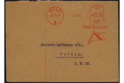 30 øre firmafranko Fred. Olsen & Co. Oslo d. 5.11.1938 på fortrykt kuvert Det norske Luftfartselskap / Fred. Olsen & Bergenske A.S. til Deutsche Lufthansa A/G. i Berlin, Tyskland.