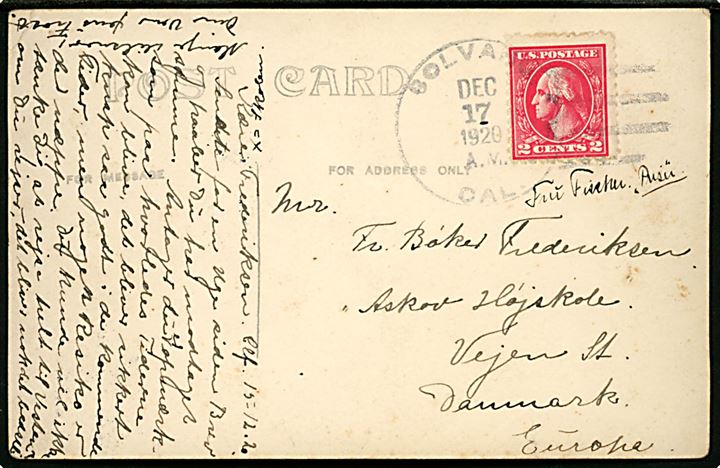 2 cents Washington på brevkort (Solvang, Garden of the Santa Ynez Valley) stemplet Solvang, Cal. d. 17.12.1920 til Askov Højskole pr. Vejen, Danmark.