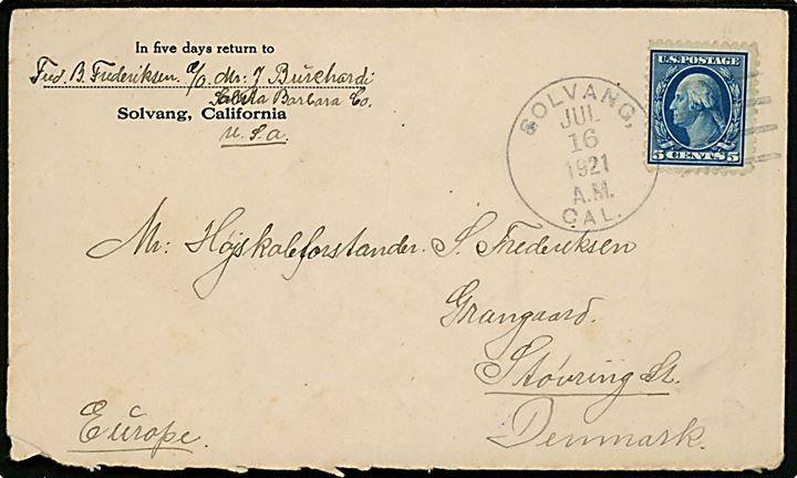 5 cents Washington på brev stemplet Solvang, Cal. d. 16.7.1921 til Støvring, Danmark. 