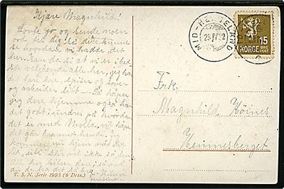 15 øre Løve på brevkort annulleret med sejlende bureaustempel Mid-Helgeland C d. 23.4.1932 til Hemnesberget. Nusset. 