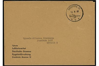 Ufrankeret fortrykt tjenestebrev fra Stockholm - Bromma flygplatsförvaltning stemplet Bromma 10 *B* d. 14.8.1961 til Uppsala. 