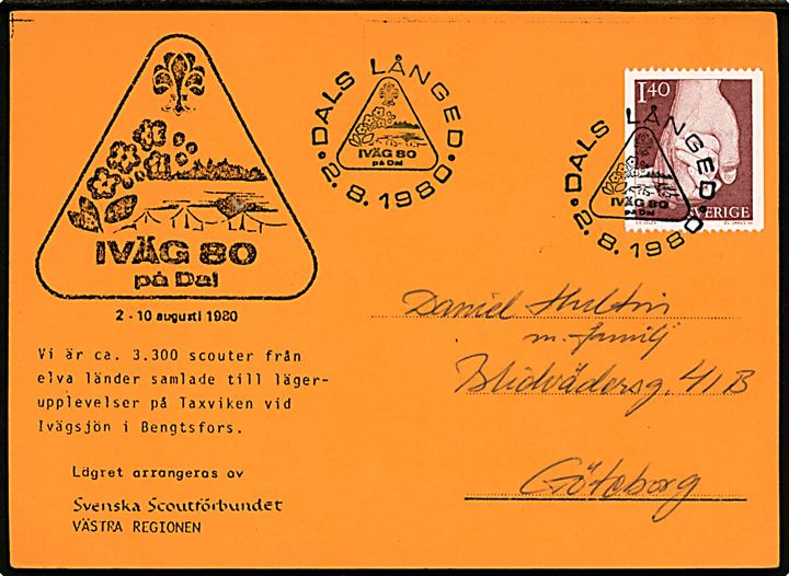 1,40 kr. frankeret illustreret spejder brevkort fra lejren IVÄG 80 annulleret med spejder særstempel Dals Långed d. 2.8.1980 til Göteborg.