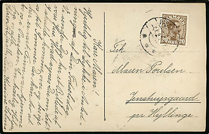 20 øre Chr. X på brevkort (Fotokort af ejendom) annulleret med vanskeligt brotype IIb Paddeborg sn1 d. 4.4.1923 til Hyllinge.