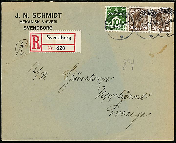 10 øre Bølgelinie og 25 øre Chr. X i parstykke på anbefalet brev fra Svendborg d. 3.12.1925 til Sverige.