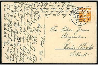 10 øre Bølgelinie på brevkort annulleret med tydeligt brotype IIc Bøgesø d. 23.4.1935 til Vester Tirsted, Lolland.