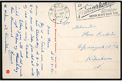 Ufrankeret brevkort påskrevet Interneret Forsendelse fra Næstved d. 21.9.1943 til København. Sendt fra interneret soldat.