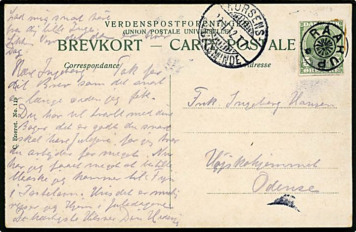 5 øre Fr. VIII helsagsafklip som frankering på brevkort annulleret med stjernestempel RAARUP og sidestemplet med bureau Horsens - Juelsminde T.7 d. 12.11.1912 til Odense.