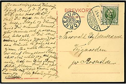 5 øre Fr. VIII på brevkort fra Vamdrup d. 3.7.1909 til Vejgaarden pr. Roskilde. Ank.stemplet med stjernestempel KORNERUP.