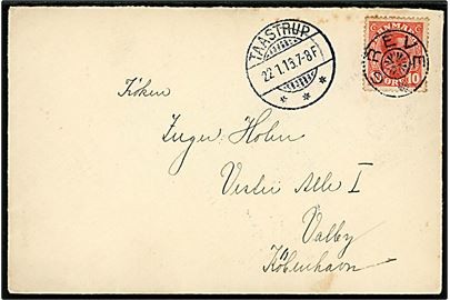 10 øre Chr. X på brev fra kornet ved 4. Regiment annulleret med stjernestempel GREVE og sidestemplet Taastrup d. 22.1.1916 til København-Valby.