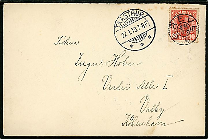 10 øre Chr. X på brev fra kornet ved 4. Regiment annulleret med stjernestempel GREVE og sidestemplet Taastrup d. 22.1.1916 til København-Valby.
