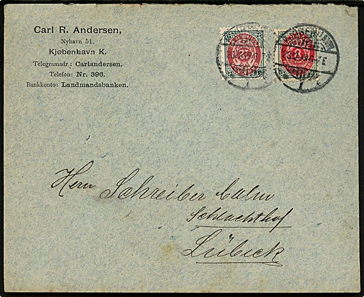 8 øre og 12 øre Tofarvet omv. rm. på brev fra Kjøbenhavn d. 23.12.1899 til Lübeck, Tyskland.