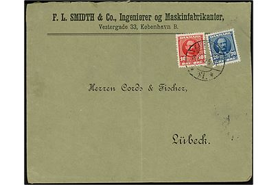 10 øre og 20 øre Fr. VIII på 2. vægtkl. brev fra firma F. L. Schmidt i Kjøbenhavn *XI.* d. 14.5.1912 til Lübeck, Tyskland.