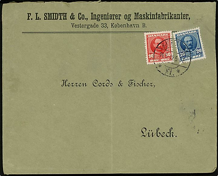 10 øre og 20 øre Fr. VIII på 2. vægtkl. brev fra firma F. L. Schmidt i Kjøbenhavn *XI.* d. 14.5.1912 til Lübeck, Tyskland.