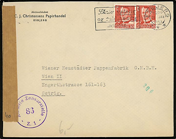 30 øre Fr. IX i parstykke på brev fra Esbjerg d. 28.1.1953 til Wien, Østrig. Åbnet af østrigsk efterkrigscensur no. 86.