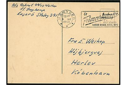 Ufrankeret fortrykt Interneret Forsendelse brevkort stemplet Næstved d. 6.10.1943 til Herlev. Sendt fra Rekrut ved 11. Ing. Komp. Lager 6, Stalag 391.