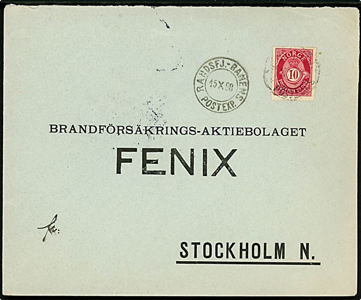 10 øre Posthorn på brev annulleret med bureaustempel Randsfj.-Banens Postexp. d. 15.10.1898 til Stockholm, Sverige.