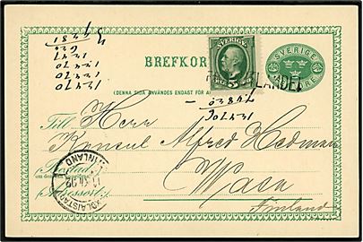 5 öre Tre Kroner helsagsbrevkort opfrankeret med 5 öre Oscar II fra Stockholm d. 5.12.1892 annulleret med finsk skibsstempel Från Utlandet og på bagsiden transit stemplet i Hangö d. 8.12.1892 til Wasa (Nikolaistad). 