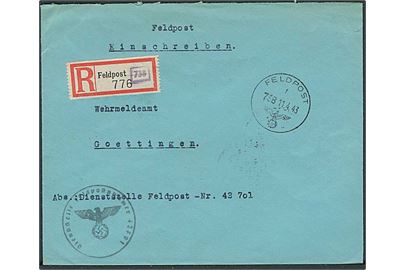 Ufrankeret anbefalet feltpostbrev stemplet Feldpost f 738 d. 11.4.1943 (= Feldpostamt 431, Kolding) til Göttingen, Tyskland. Fra Dienststelle Feldpost-Nr. 42701 = Verpflegungsamt 171.