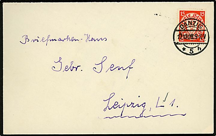15 pfg. Våben på brev fra Danzig *5h d. 12.12.1928 til Leipzig.