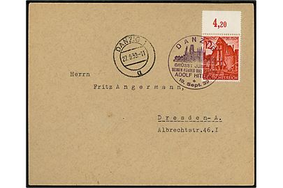 12 pfg. Danzig ist Deutsch udg. på brev annulleret med violet stempel Danzig Grüsst Jubelnd seinen Führer und Befreier Adolf Hitler d. 19.9.1939 og sidestemplet Danzig 1 d. 27.9.1939 til Dresden.