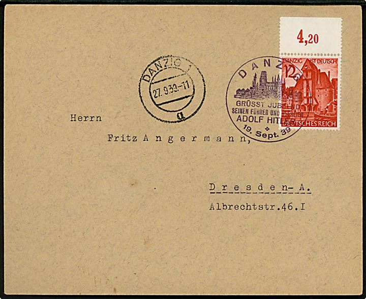 12 pfg. Danzig ist Deutsch udg. på brev annulleret med violet stempel Danzig Grüsst Jubelnd seinen Führer und Befreier Adolf Hitler d. 19.9.1939 og sidestemplet Danzig 1 d. 27.9.1939 til Dresden.