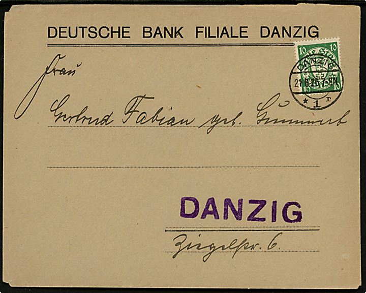 10 pfg. Våben på lokalbrev fra Deutsche Bank Filial Danzig stemplet Danzig *1r d. 21.6.1926.