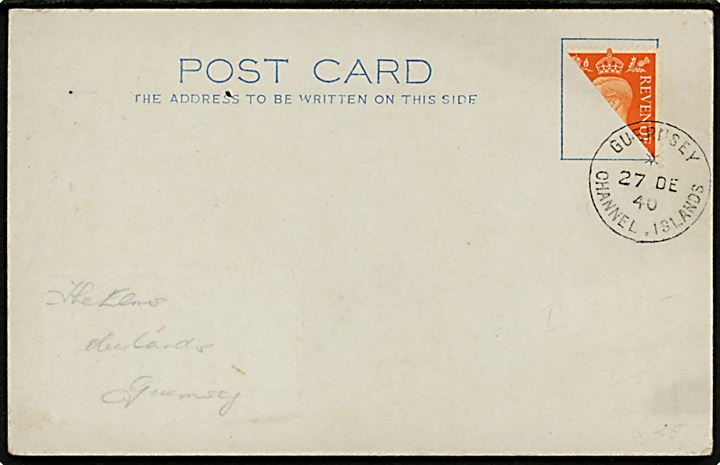 Halveret britisk 2d George VII på filatelistisk lokalt brevkort stemplet Guernsey Channel Islands d. 27.12.1940.