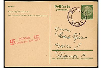 Tysk 6 pfg. Hindenburg helsagsbrevkort annulleret med violet stempel Postamt * Leipa * og sidestemplet i rødt Sudetenland kehrt heim in's Reich til Halle. 