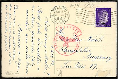 6 pfg. Hitler Ostland Provisorium på brevkort fra Tallinn Eesti d. 9.12.1942 til Augsburg, Tyskland. Passér stemplet ved den tyske censur i Königsberg. Har været opklæbet.