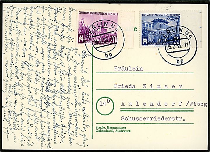 20 pfg. og 35 pfg. Leipziger Messe på brevkort fra Berlin N4 d. 23.2.1955 til Aulendorf, Vesttyskland.