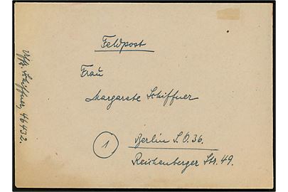 Ufrankeret tysk feltpostbrev uden stempel eller datering (1944-45) fra underofficer ved feldpost-nr. 46432 = (Nachrichten-Fernaufklärungs-Zug und Stab Nachrichten-Aufklärungs-Abteilung 11. stationeret i Norge) til Berlin. 
