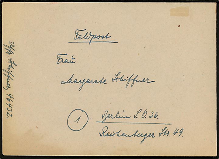 Ufrankeret tysk feltpostbrev uden stempel eller datering (1944-45) fra underofficer ved feldpost-nr. 46432 = (Nachrichten-Fernaufklärungs-Zug und Stab Nachrichten-Aufklärungs-Abteilung 11. stationeret i Norge) til Berlin. 
