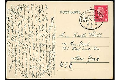 15 pfg. Hindenburg på brevkort dateret Kurz vor Irland og annulleret med ovalt skibsstempel Deutsche Seepost Linie Bremen - New York e d. 9.5.1930 til New York, USA. Hj.knæk.